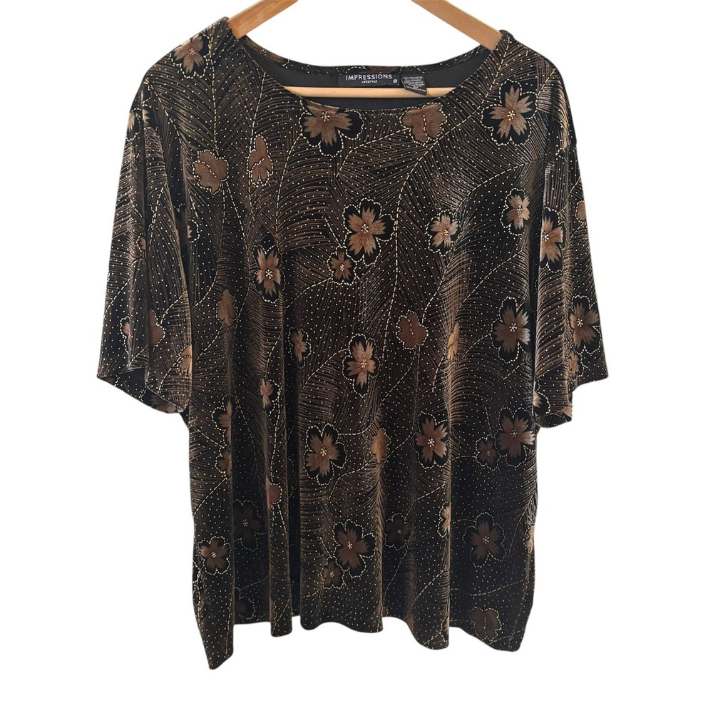 Impressions Womens Top Sz‎ 3X Black Gold Floral Beaded Velvet Office Retro Artsy
